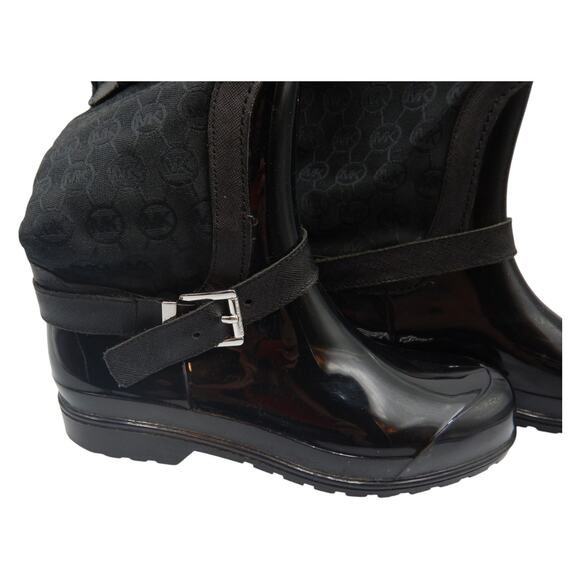 Michael Kors Fulton Fur Trim Monogram Jacquard Rubber Knee High Rainboot Black 7 - Picture 6 of 12